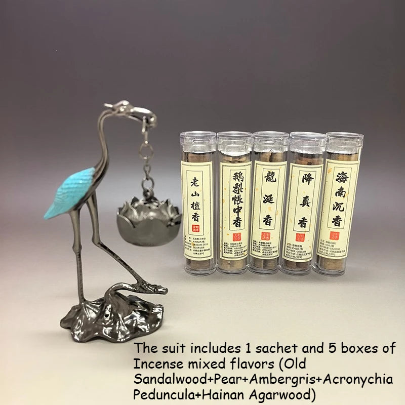 Crane Incense Burner and 5 Tubes Natural Disk Incense Set,Includes 5 Scents Agarwood & Goose Pear Tent & Sandalwood & Ambergris