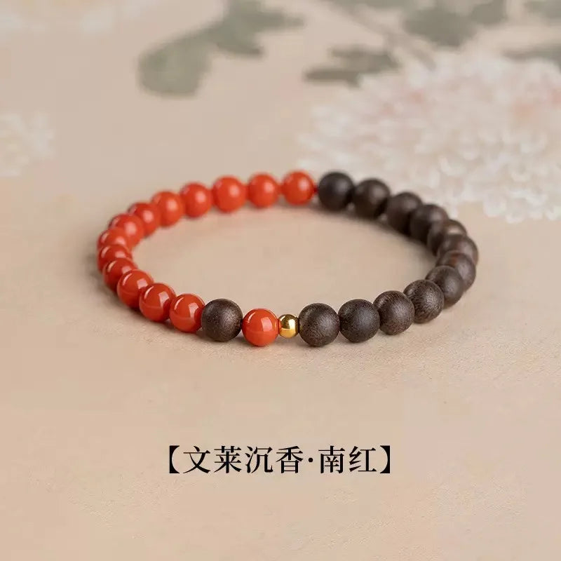 Nanhong Red Agate Agarwood Bracelet Natural Aloeswood Beaded Bangle for Women Lucky Charm Gifts