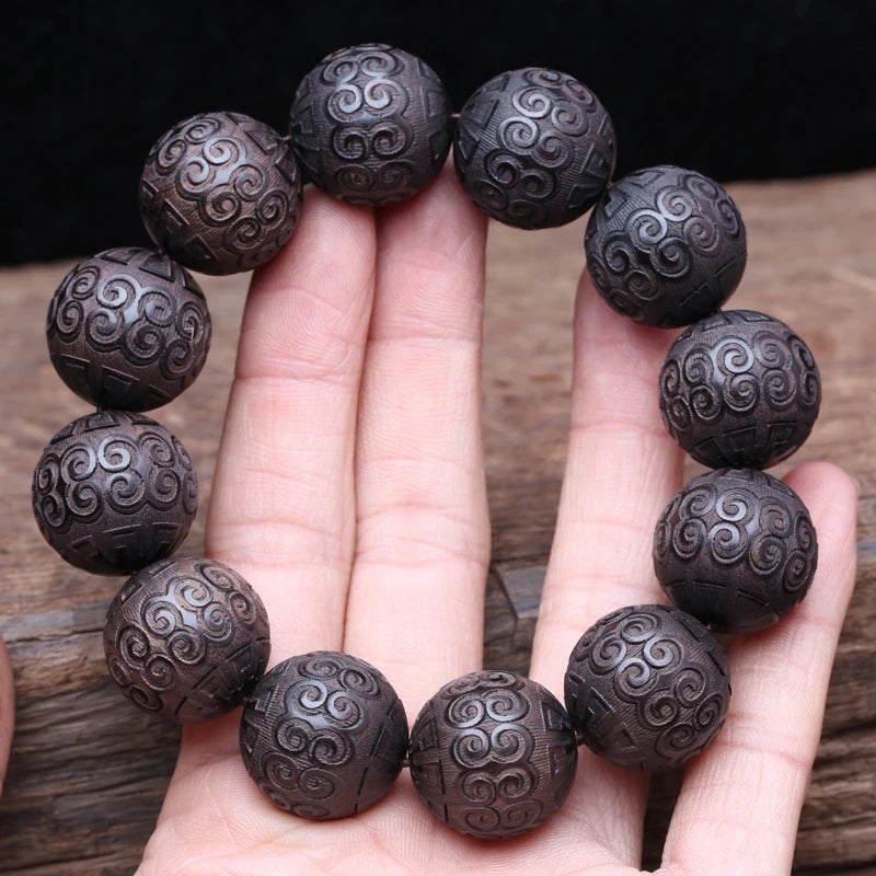 Natural Ebony Bracelet, Key Pattern Beads, Auspicious Cloud Beads, Prayer Beads, Lucky Decorations,Classic Carved Bracelets