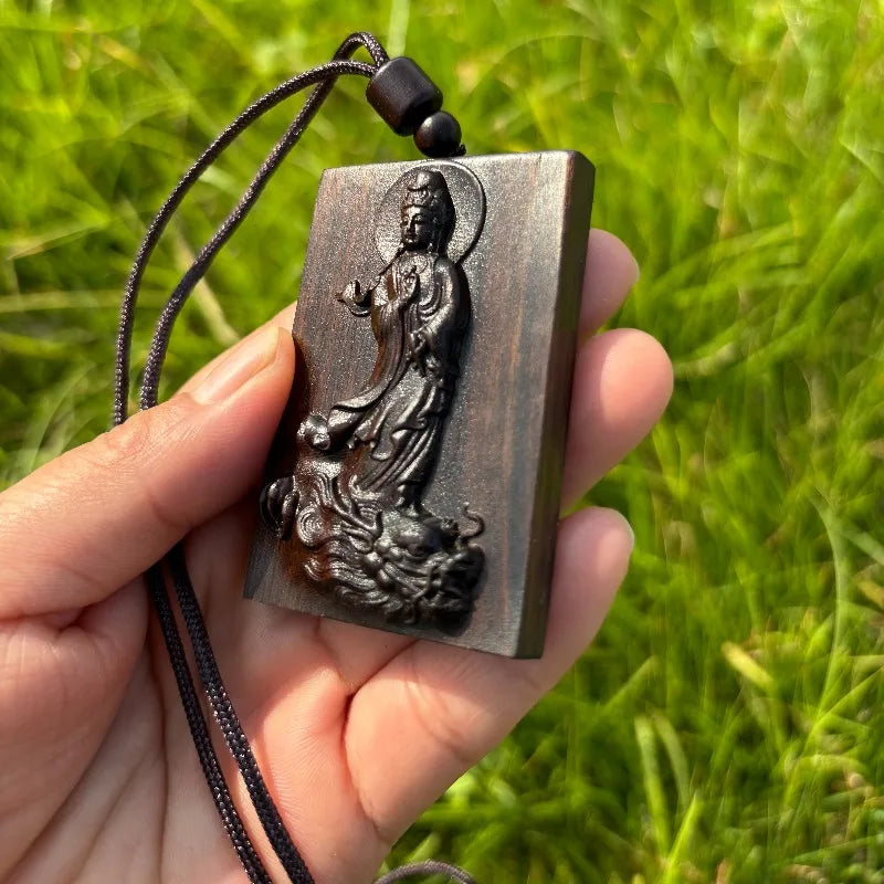 Hand-Carved Agarwood Guanyin Dragon Pendant Necklace