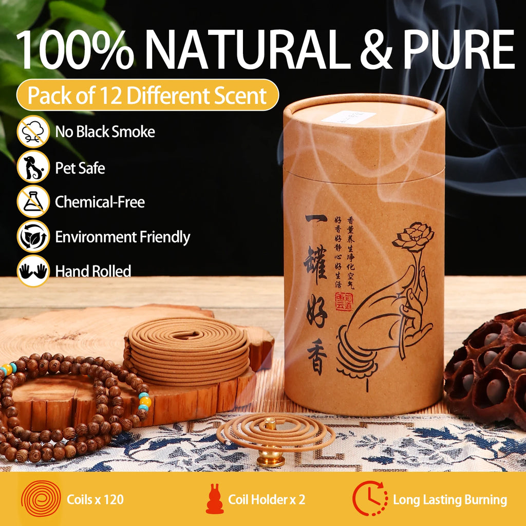 120-Pack Sandalwood Coil Incense, 3-4 Hour Burn, Natural Aromatherapy