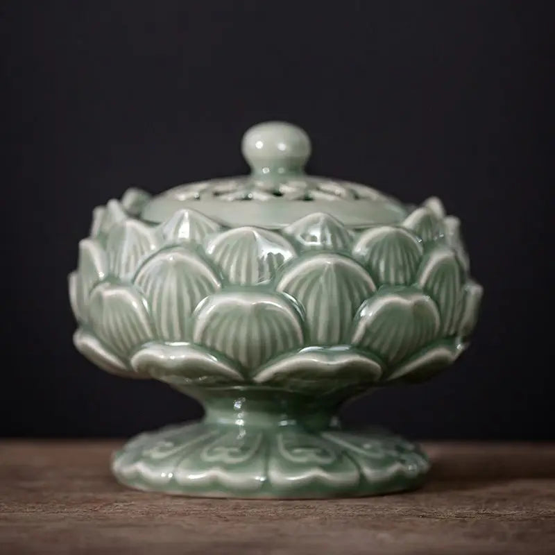 New Chinese High-Footed Lotus Ceramic Plate Incense Burner Household Indoor Agarwood Sandalwood Burner Aromatherapy Burner
