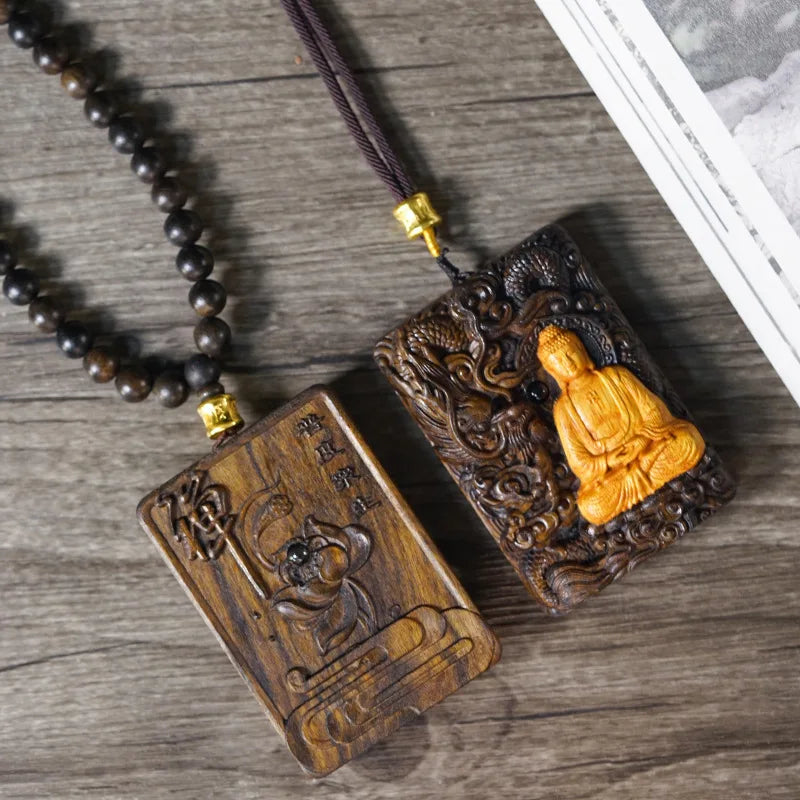 Agarwood Carved Peace Tag Inlaid Vairocana Pendant Necklace Unisex Cultural Play Jewelry Festival Gift