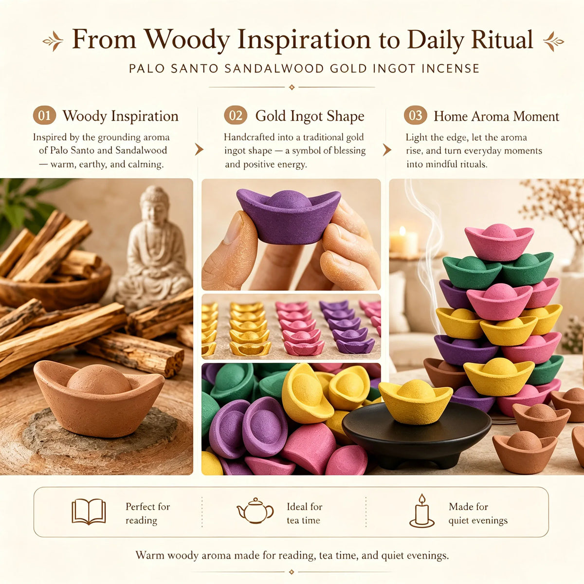 (10 Pieces/20 Pieces Available in Two Different Sizes) Golden Ingot-Shaped Sacred Wood Incense Sticks with Sandalwood, Lemongrass, Rose, and Lavender Scents, Handmade, Long-Lasting Fragrance, Golden Ingot Style, Symbol
