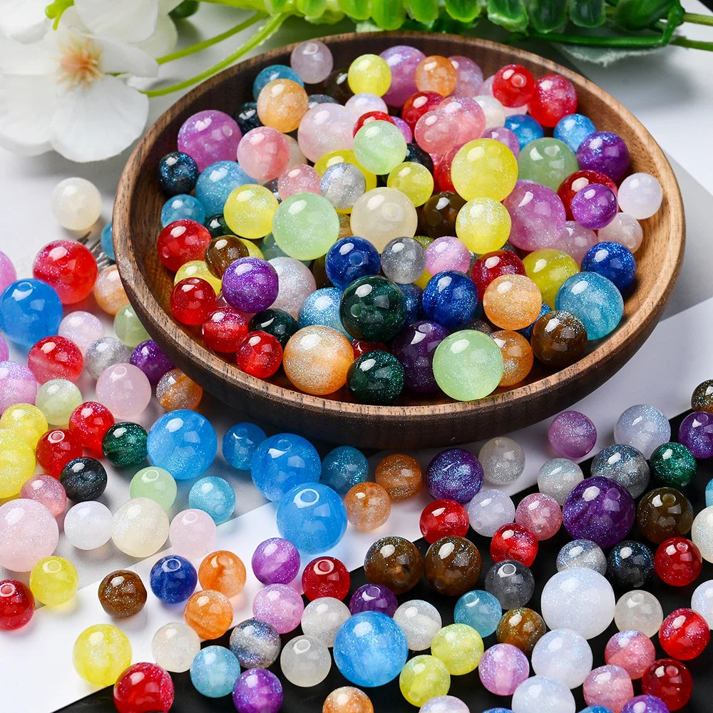 Mixed Color Glitter Resin Round Beads 8/10/12mm Sparkling Solid Loose Beads For DIY Bracelet Necklace Jewelry Making