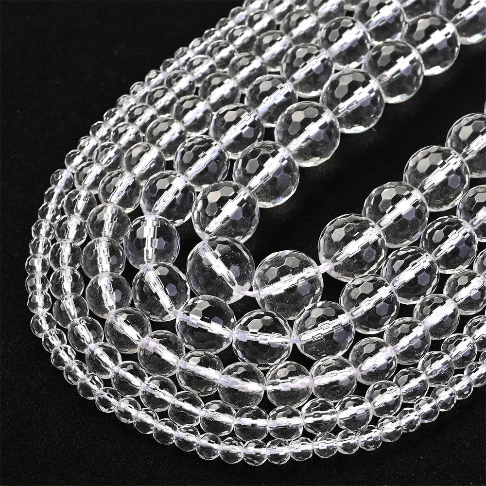 Natural Faceted Stone Beads White Clear Rock Crystals Quartz Glass Beads Round Loose Beads For Jewelry DIY Bracelets Accessorie
