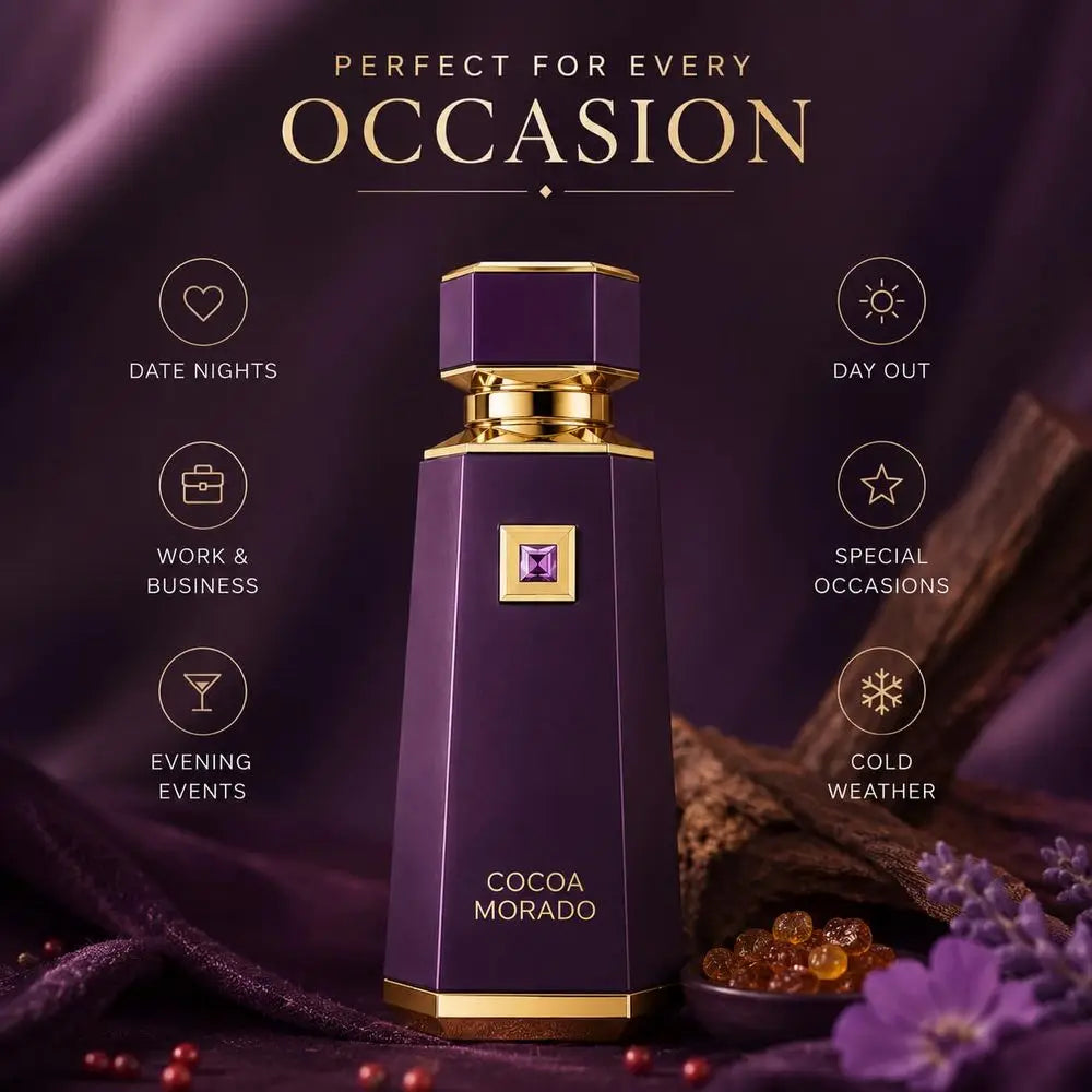 French Avenue Cocoa Morado Eau De Parfum 100ml 3.4oz Unisex Perfume Long Lasting Saffron Cinnamon Oud Cocoa Vanilla Leather Oriental Woody Gourmand Fragrance Luxury Purple Gold Gift Cologne For Men Women