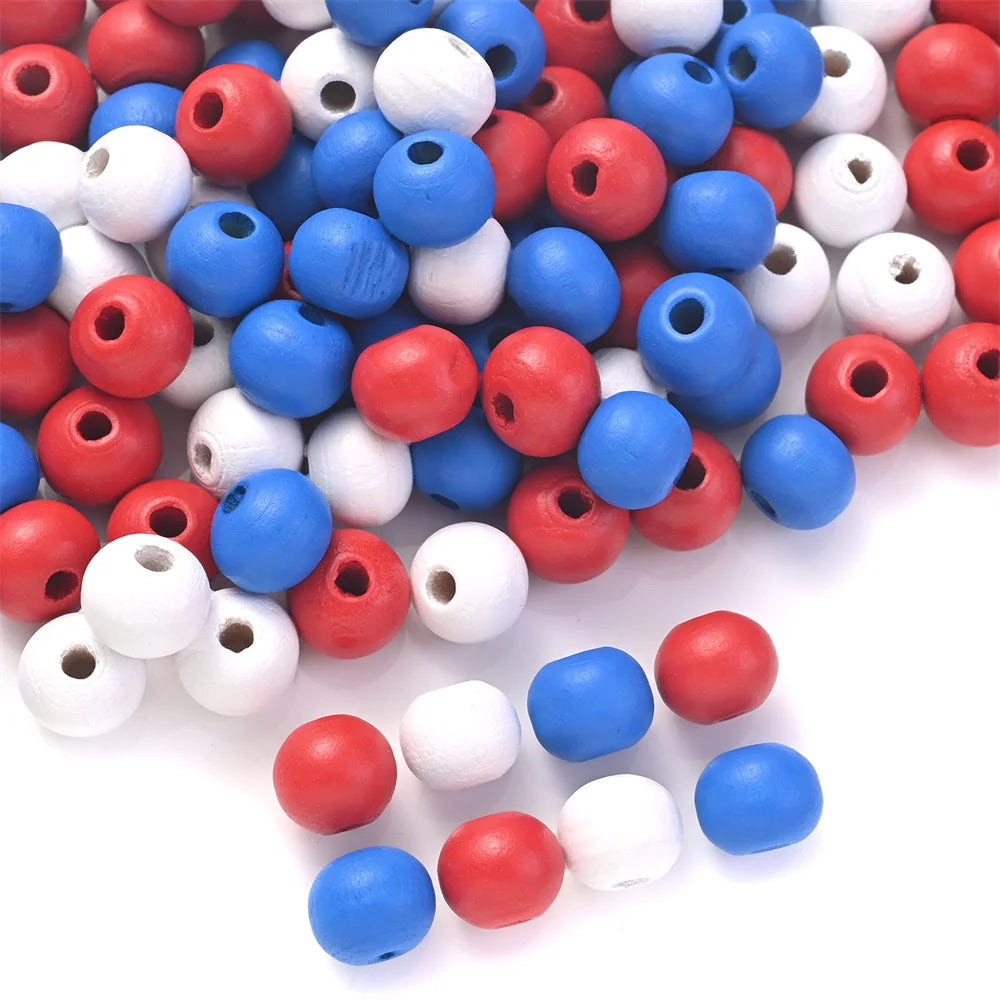 200Pcs 8mm Red White Blue Round Wooden Beads Smooth Spacer Beads For Diy Keychain Necklace Bracelet Jewelry Making Accessories