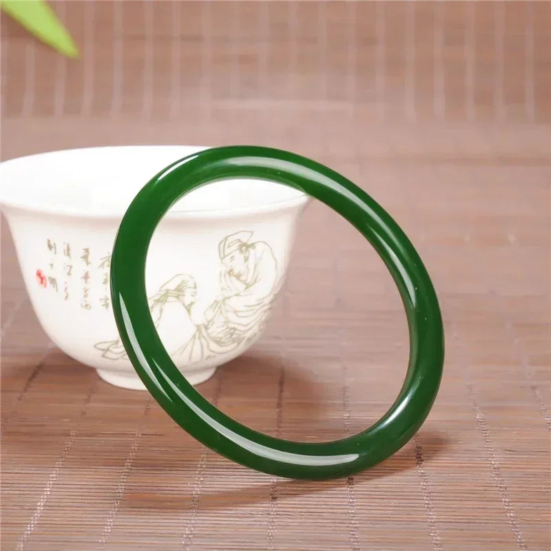 Green Jade Round Bracelet 54-66mm Hand-Carved Luck Amulet
