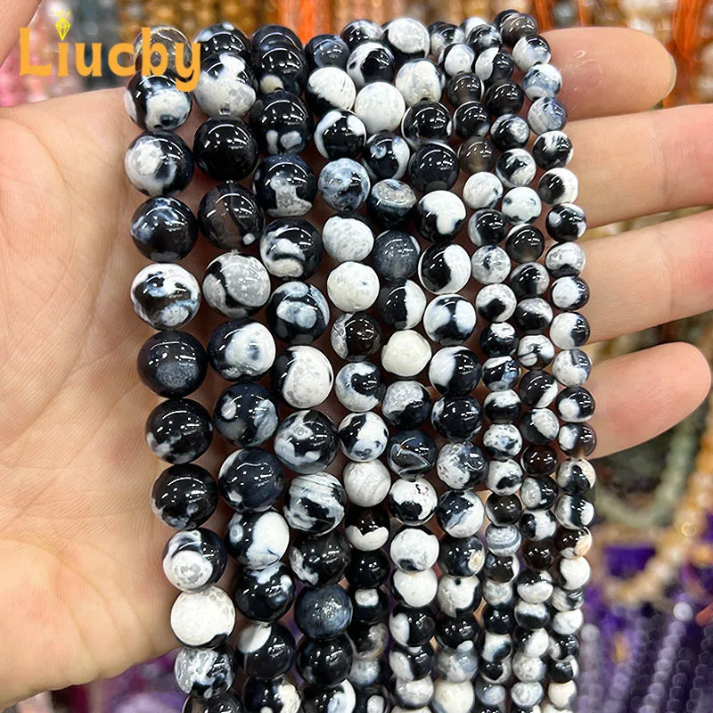 Natural Black White Fire Agate Beads 6-10mm DIY Jewelry