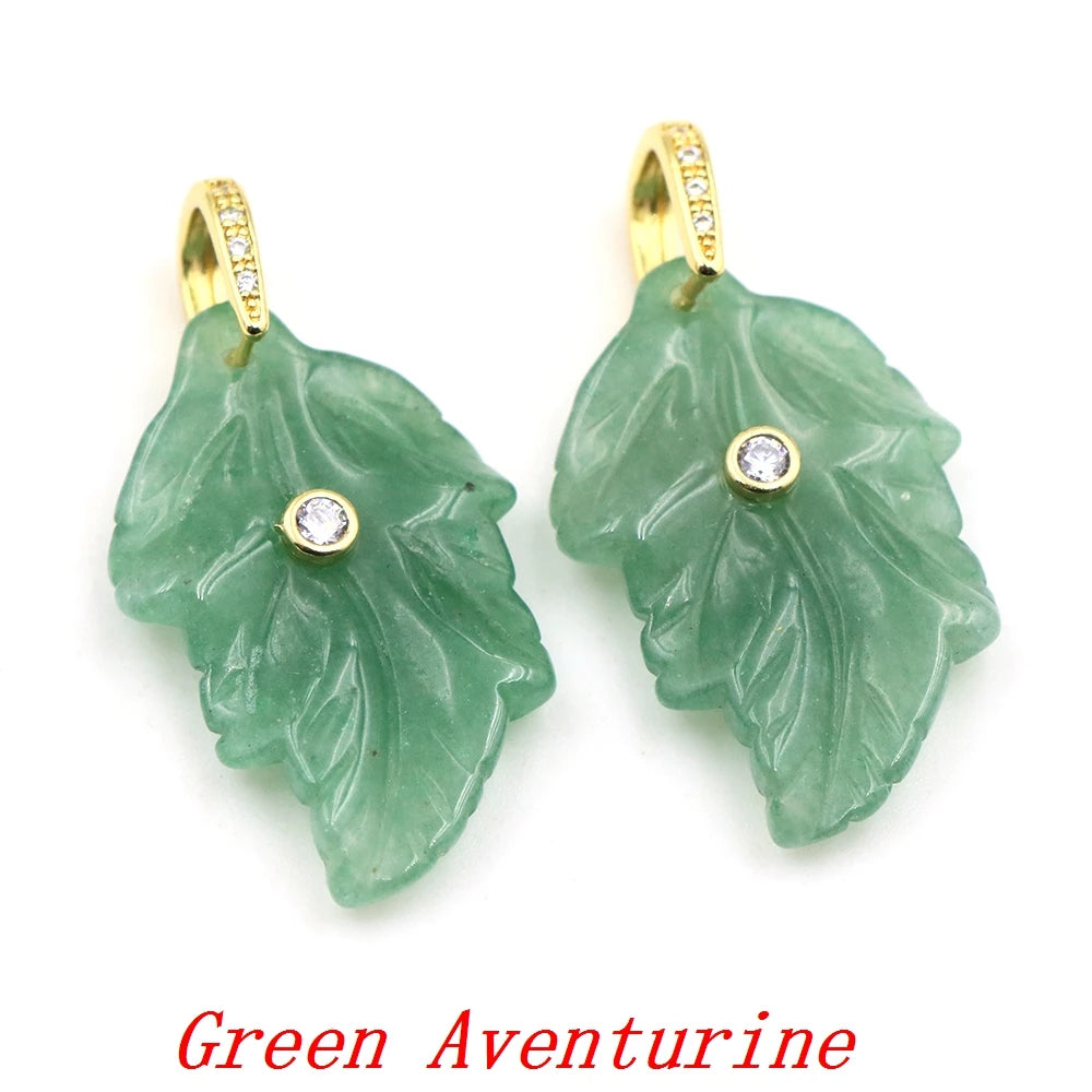 Natural Stone Leaf Pendant White Zircon Gold Plated Bail Healing Crystal Charm DIY Necklace Bohemian Nature Jewelry Making Gifts