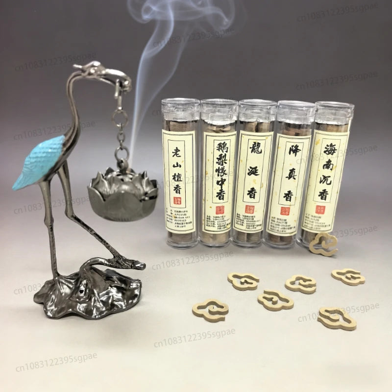 Crane Incense Burner and 5 Tubes Natural Disk Incense Set,Includes 5 Scents Agarwood & Goose Pear Tent & Sandalwood & Ambergris