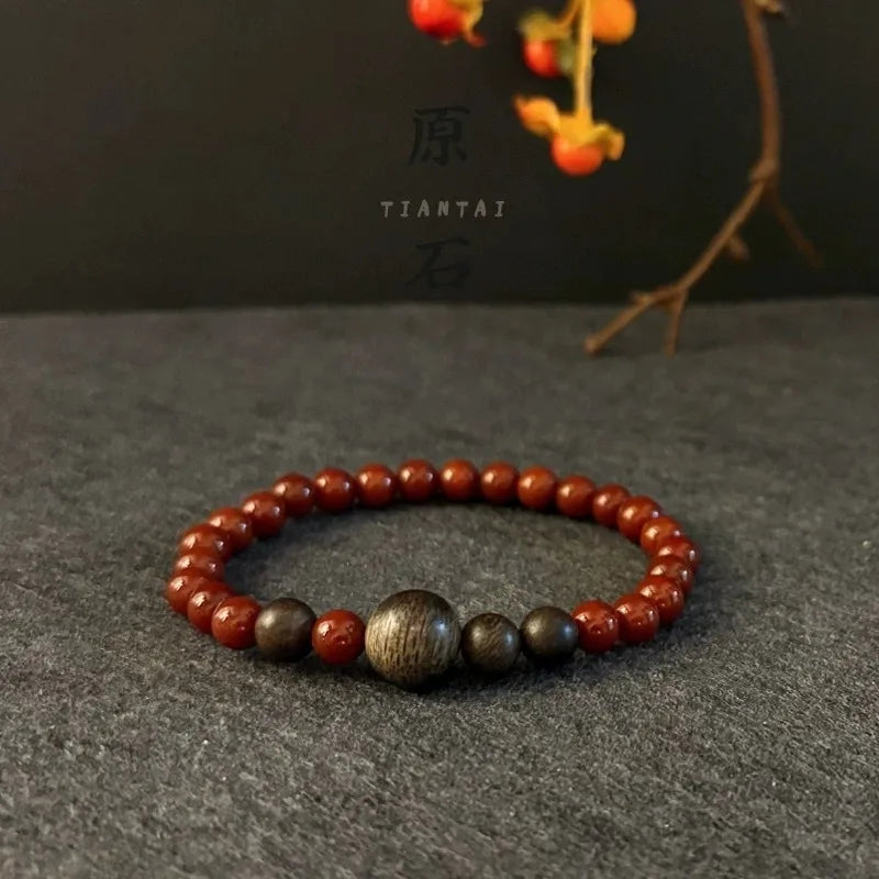 Natural Agarwood Bracelet with Nanhong Agate Beads Unisex Vintage Style Couple Jewelry Gifts
