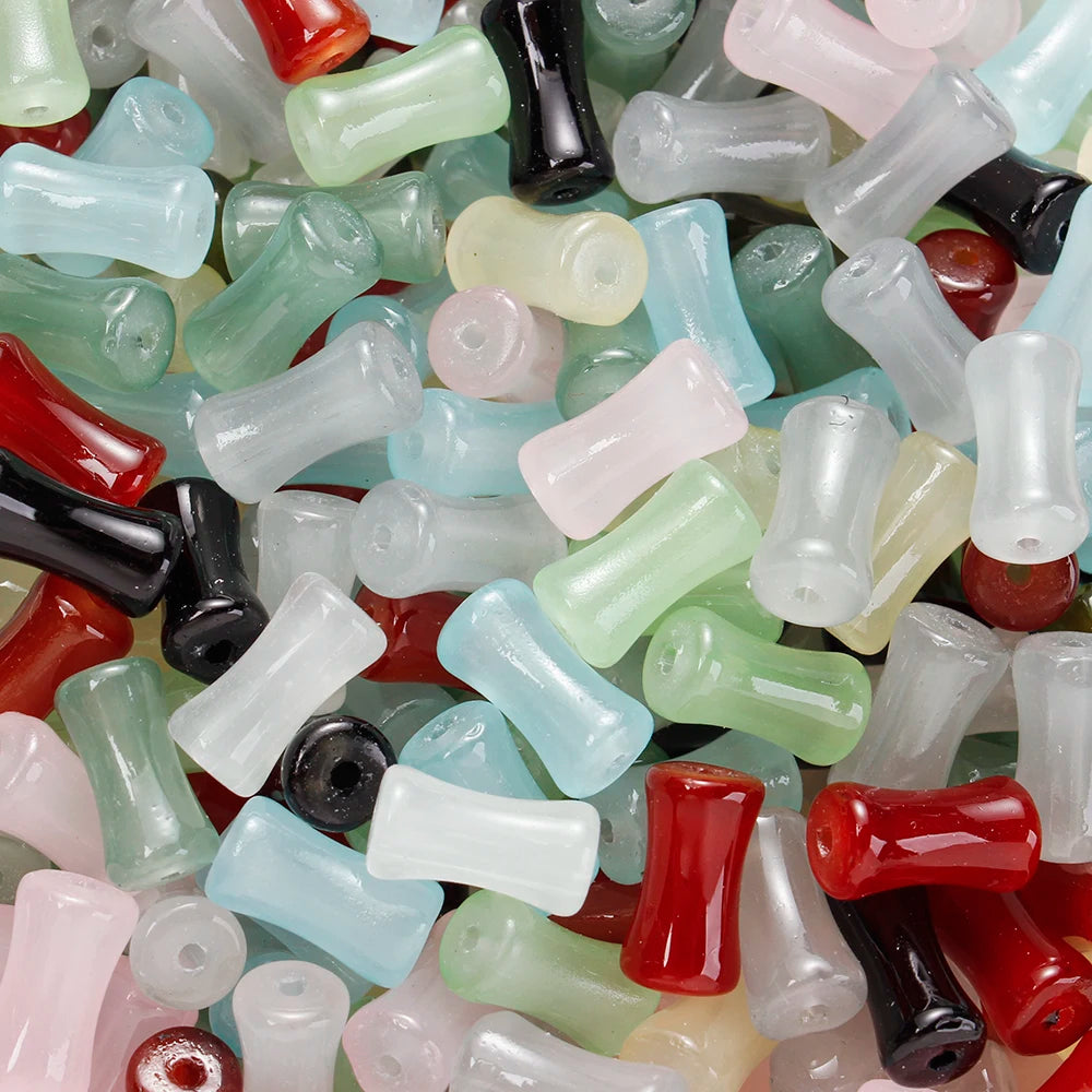 50pcs 12x6mm Mixed Color Glass Beads Columnar Tubular Loose Beads Bamboo-shaped Spacer Beads for DIY Jewelry Making Bracelets