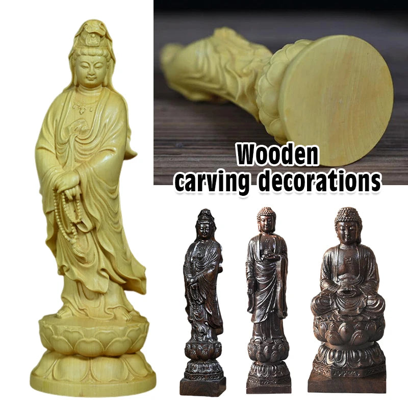 Wood Carving Figurine Of Avalokitesvara Small Buddhist Buddha Statue Aesthetic Temple Worship Crafts Living Room Decor Ornaments