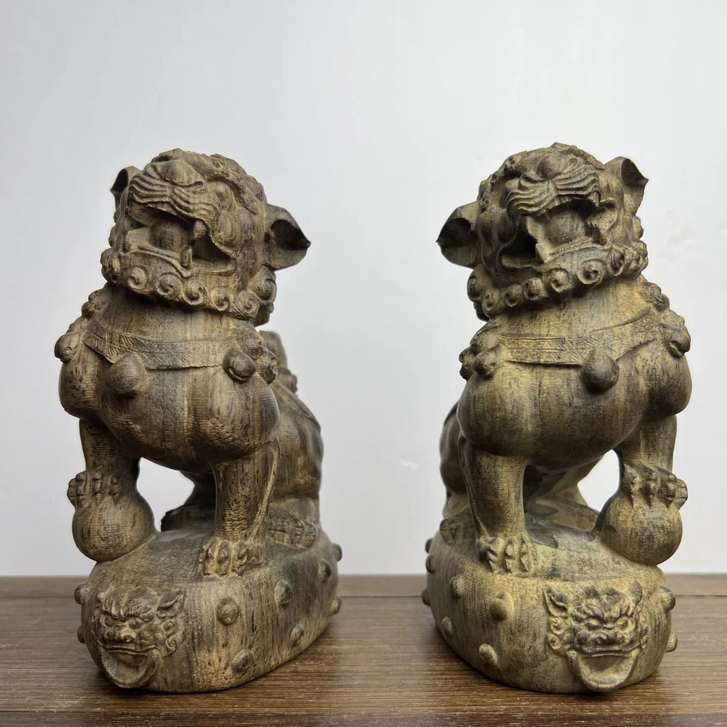 Hand-Carved Agarwood Foo Dog Lion Pair 5.3H Feng Shui Statue
