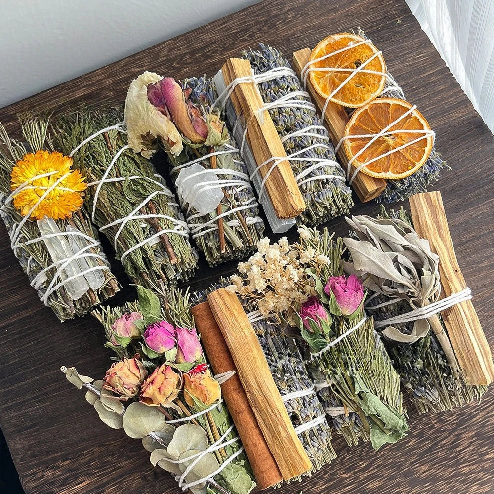 Bundled  Sage, Natural Palo Santo Plants, Aromatic Rose Santo, and Orange Slices for Handmade Grass Sticks