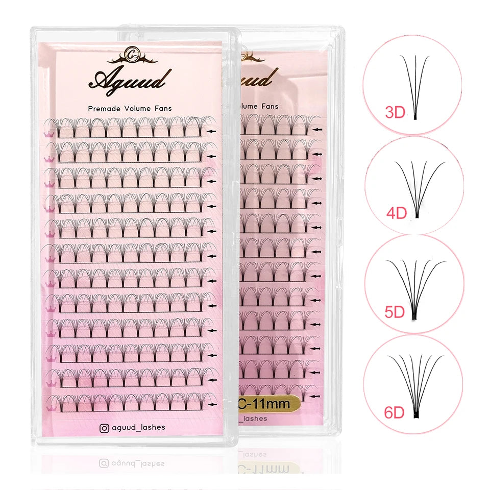 AGUUD Premade Volume Fans Lashes Short/Long Stem 3D/4D/5D/6D Russian Eyelash Extension Fans Premium Faux Mink Lash Tray Cilio