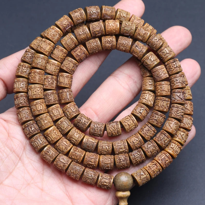 Sandalwood Tibetan Buddhist Prayer Wheel Type Bracelet 8mmx8mm Tibetan Six-Character Mantra Rosary Wooden Jewelry