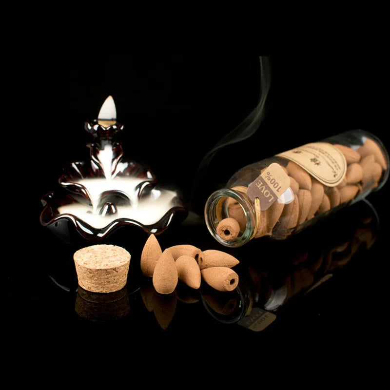 58Pcs Cones in Glass Bottle Package Flavor Can Choose Natural Smoke Backflow Incense Cones Hollow Cone Incense Sandalwood