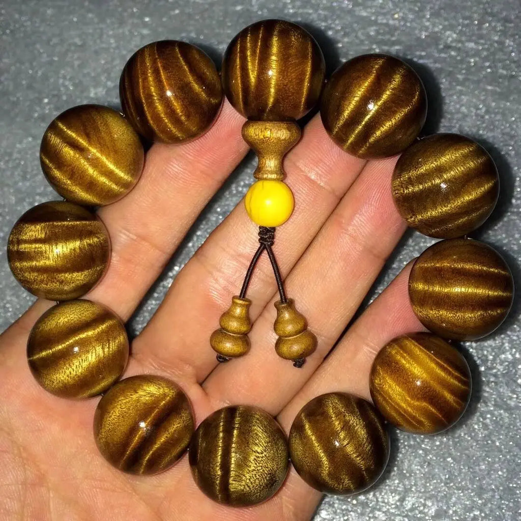 Gold-Rimmed Wooden Buddha Beads Bracelet 1.8mm