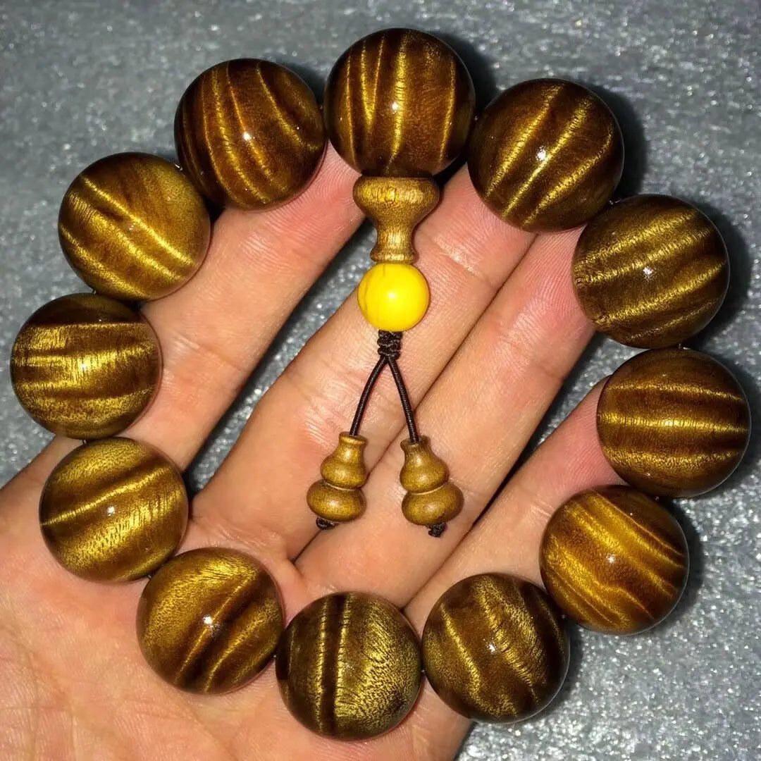 Gold-Rimmed Wooden Buddha Beads Bracelet 1.8mm