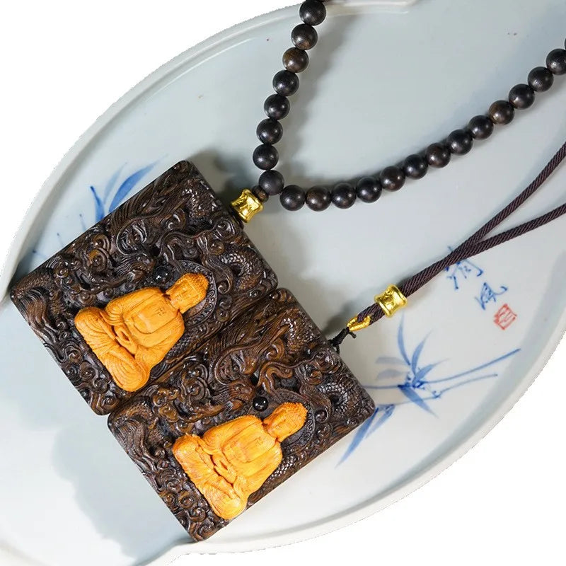 Agarwood Carved Peace Tag Inlaid Vairocana Pendant Necklace Unisex Cultural Play Jewelry Festival Gift