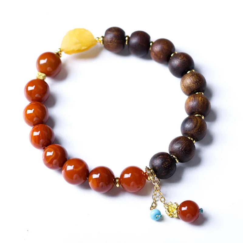 Huang Qinan agarwood bracelet paired with raw amber stones, new Chinese style, combined with Southern red agate, a dual-piece de