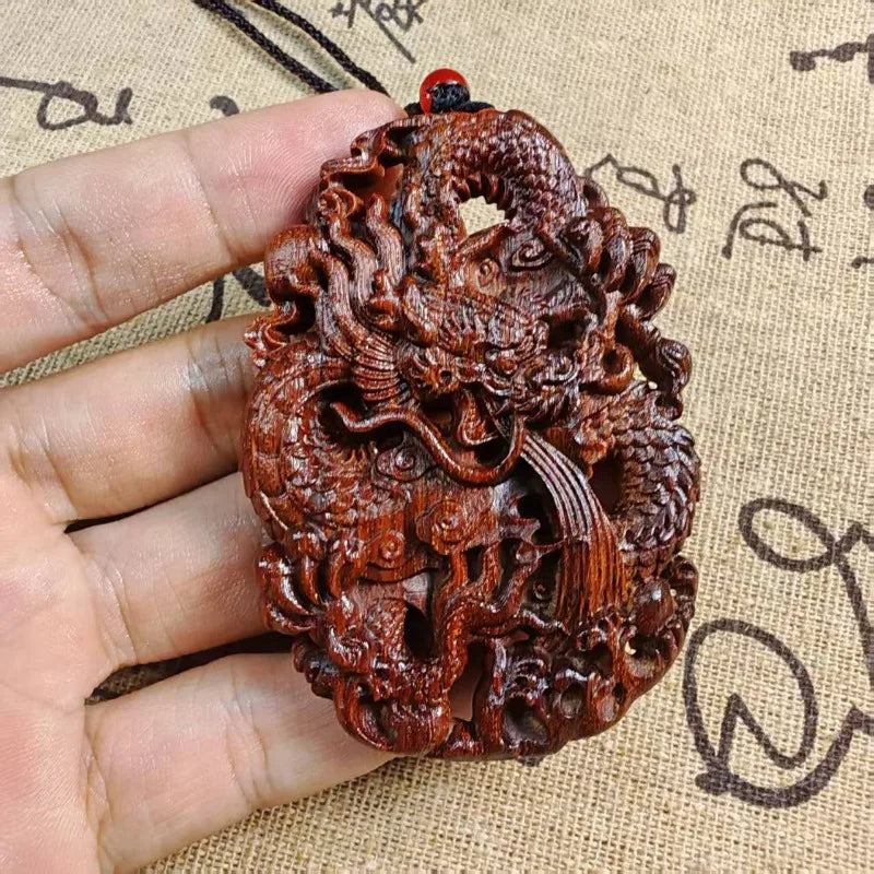 Hand-Carved Agarwood Dragon Pendant 2.75 Wood Art