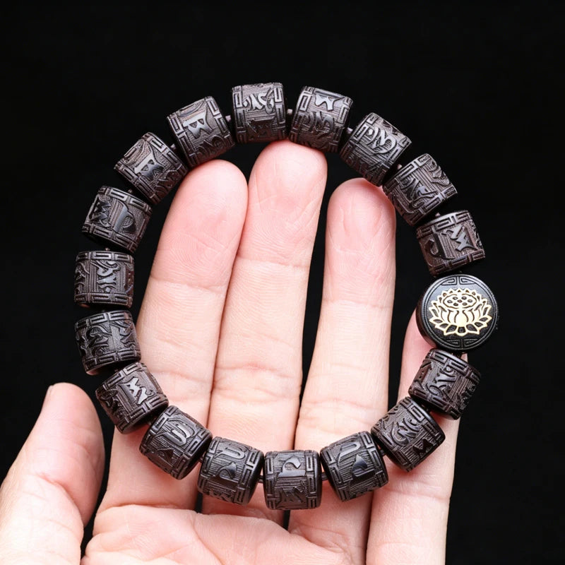 Natural Ebony Tibetan Six-Character Mantra Tibetan Buddhist Prayer Wheel Bracelet 12mmx12mm Universal