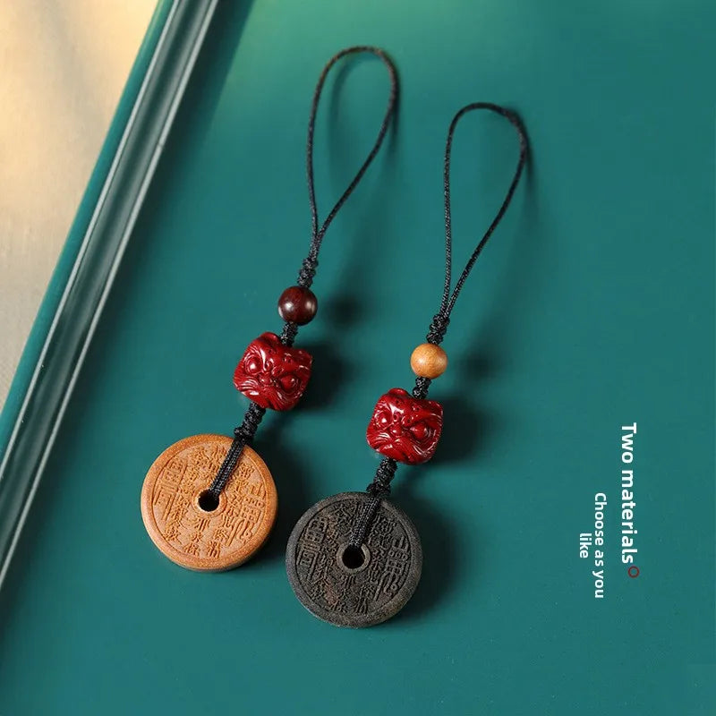 Chinese Traditional Lucky Carved Black Persimmon Wood Agarwood Mountain Ghost Coin Pendant Phone Chain Amulet Blessing Fortune