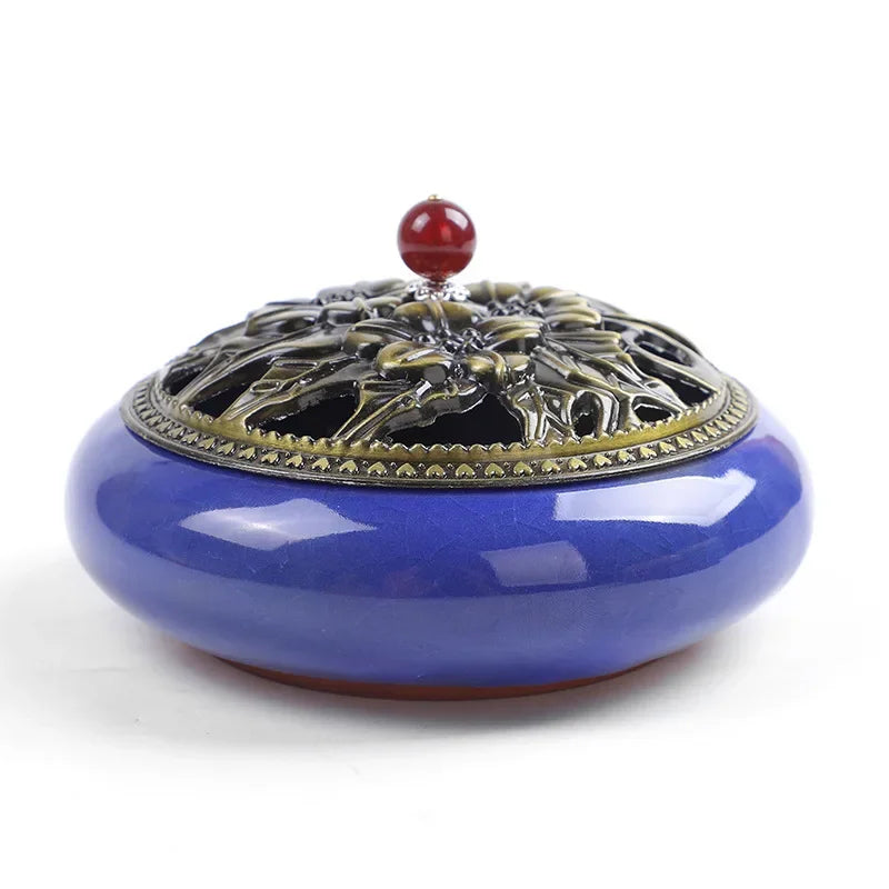 12 hours large Mosquito Coil incense burner ceramics cone holder with metal lid household with fireproof cotton censer