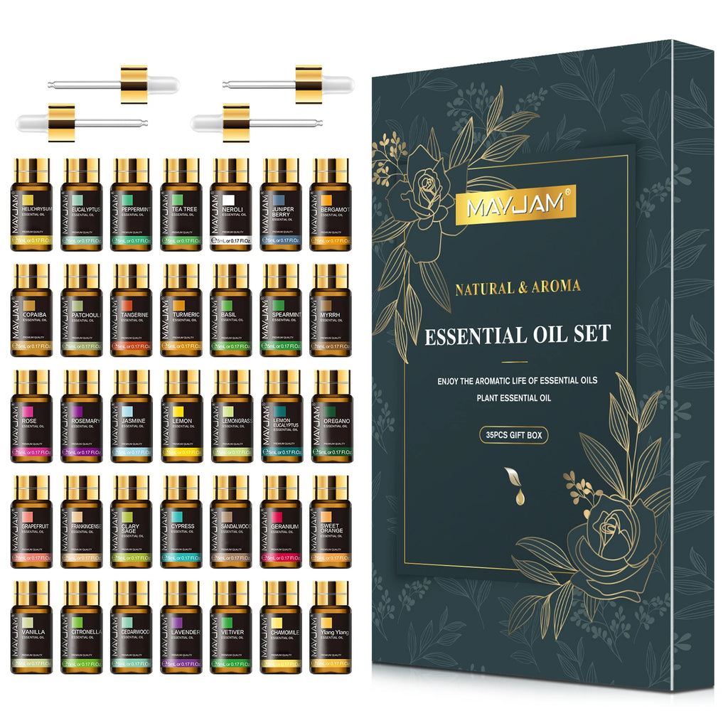 MAYJAM 35 Bottles Essential Oils Kit Gift Box ,Lavender Jasmine Vanilla Lemon Eucalyptus Sandalwood Frankincense SweetOrange Ylang Rose Bergamot Tea Tree Lemongrass Patchouli Rosemary Geranium Citronella Aromatherapy Oil for Humidifier Diffuser DIY Candle