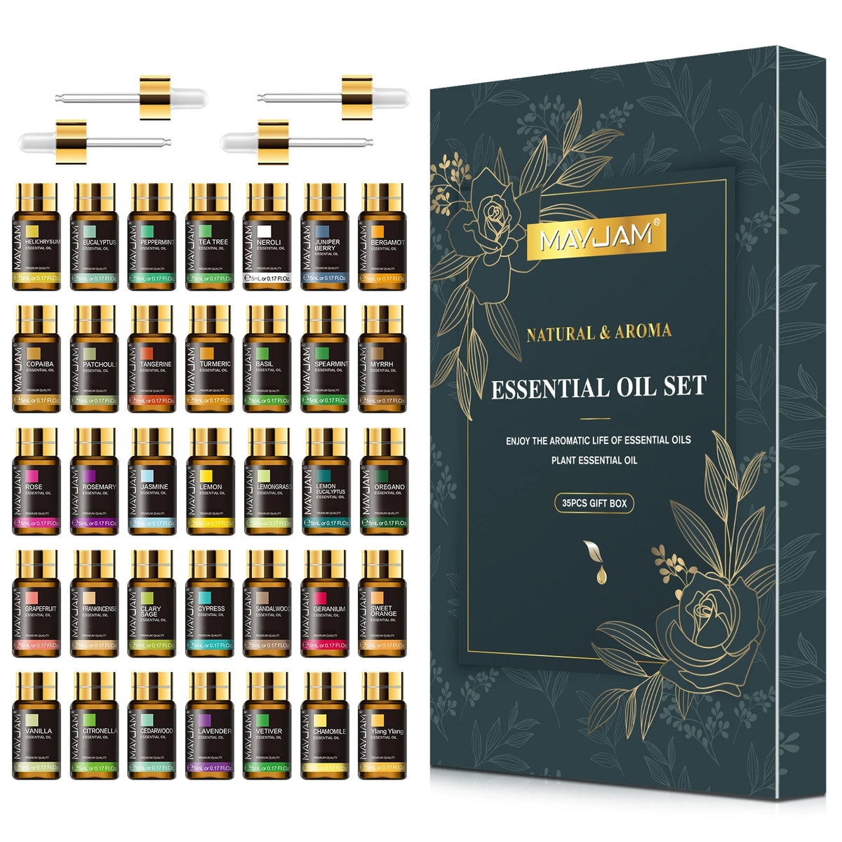 MAYJAM 35 Bottles Essential Oils Kit Gift Box ,Lavender Jasmine Vanilla Lemon Eucalyptus Sandalwood Frankincense SweetOrange Ylang Rose Bergamot Tea Tree Lemongrass Patchouli Rosemary Geranium Citronella Aromatherapy Oil for Humidifier Diffuser DIY Candle
