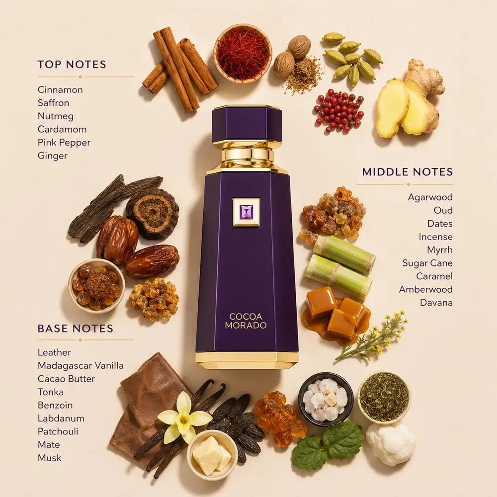 French Avenue Cocoa Morado Eau De Parfum 100ml 3.4oz Unisex Perfume Long Lasting Saffron Cinnamon Oud Cocoa Vanilla Leather Oriental Woody Gourmand Fragrance Luxury Purple Gold Gift Cologne For Men Women