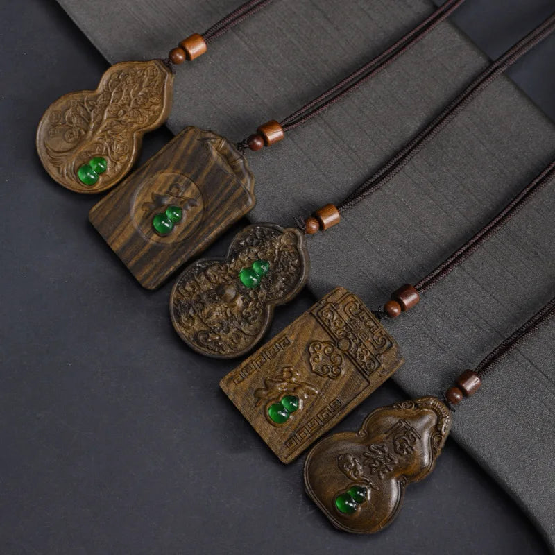 Agarwood Peace Tag Pendant Neckwear Fortune Carved Unisex Inlaid Craft Small Necklace Jewelry