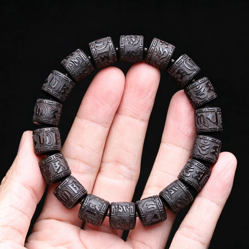 Natural Ebony Tibetan Six-Character Mantra Tibetan Buddhist Prayer Wheel Bracelet 12mmx12mm Universal