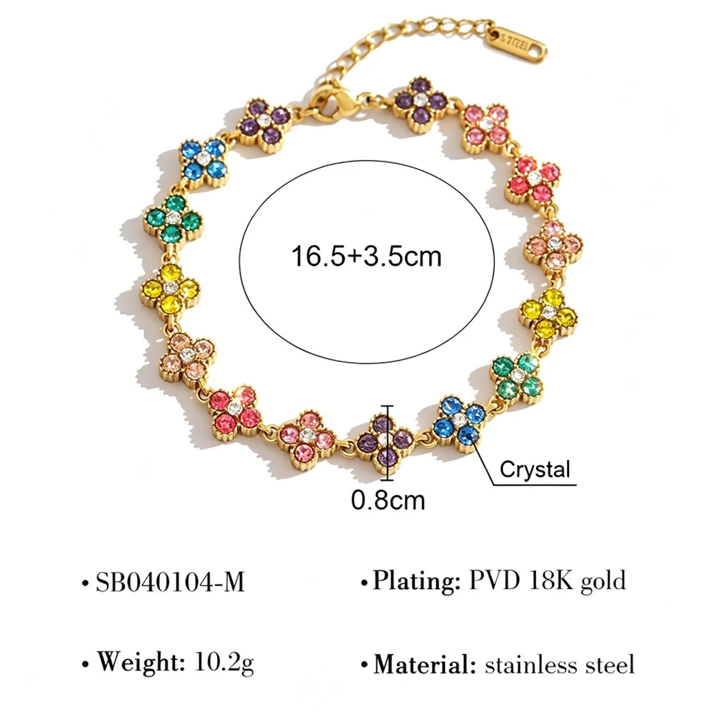 Stainless Steel Colorful Cubic Zirconia Flower Cover Bracelet Adjustable Four-Leaf Clover CZ Stone Flowers Jewelry for Women