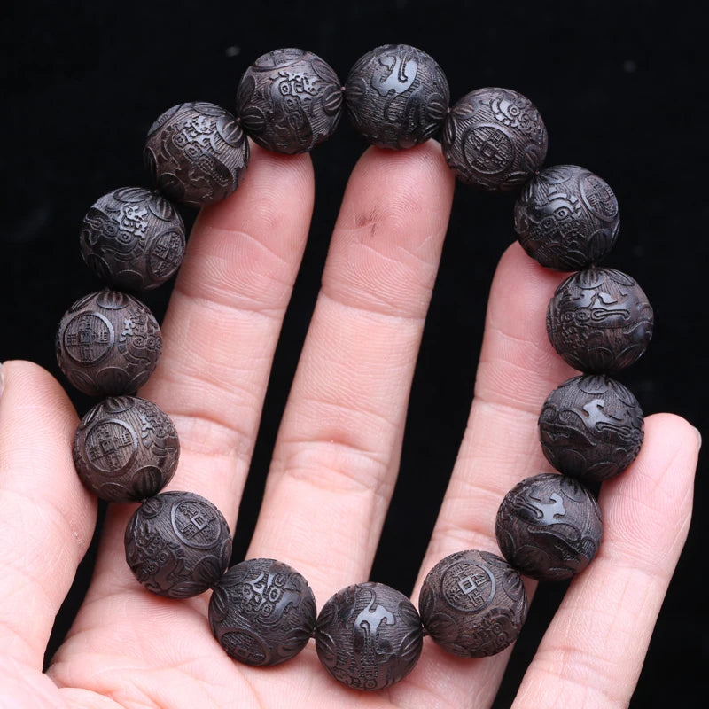 Natural Multicolor Wooden Bracelet Men's 20mm Elastic Bracelet Wooden Bead Lucky Sculpture Mythical Animal