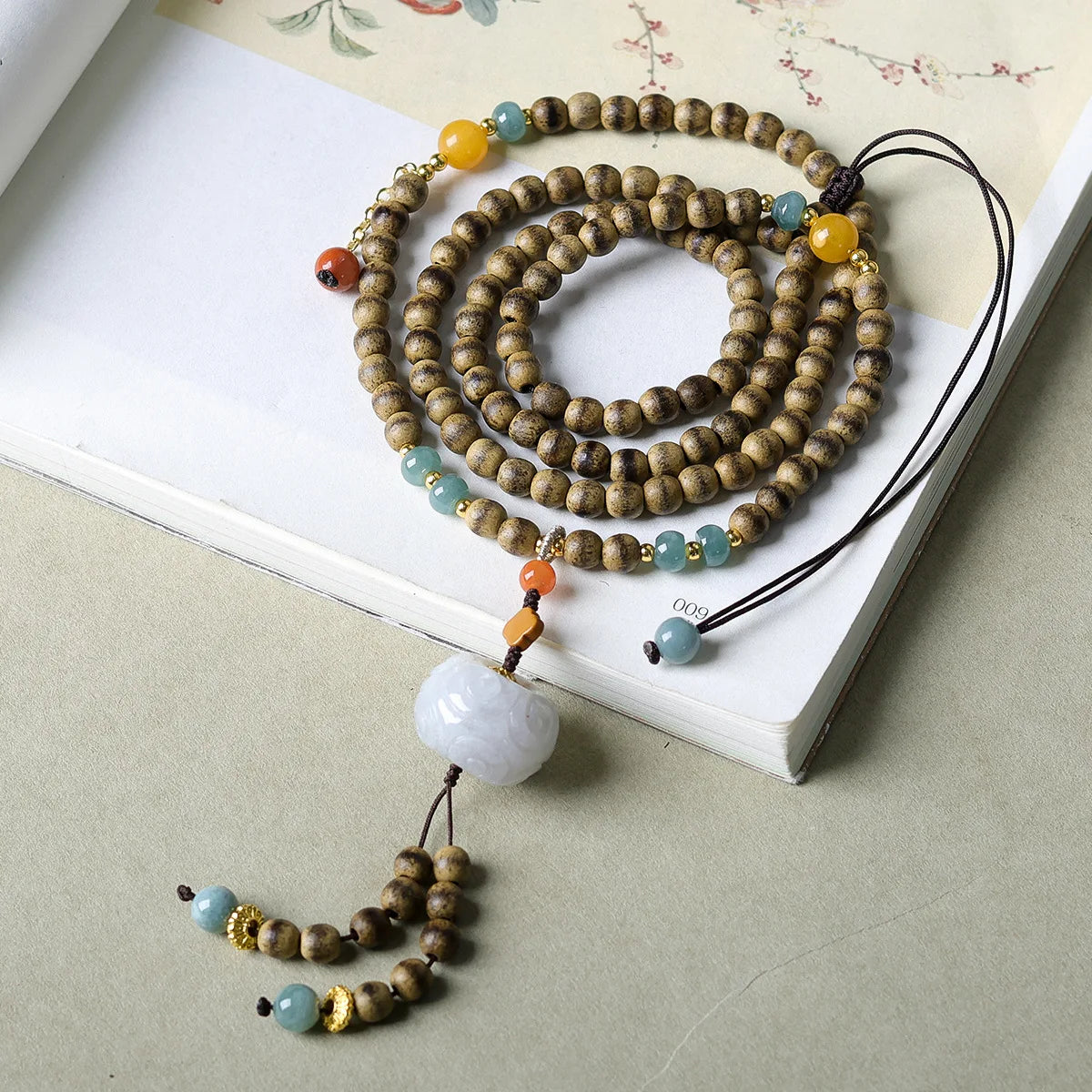 Handwoven First Grade Butter Agarwood Necklace with Carved Jade Pendant Chinese Style Sweater Chain Gifts