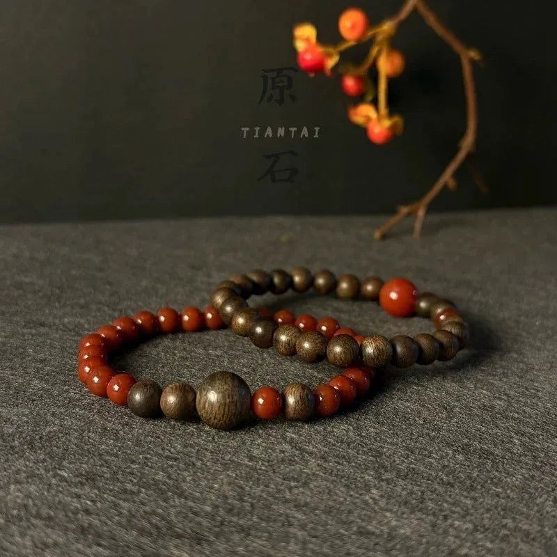 Natural Agarwood Bracelet with Nanhong Agate Beads Unisex Vintage Style Couple Jewelry Gifts