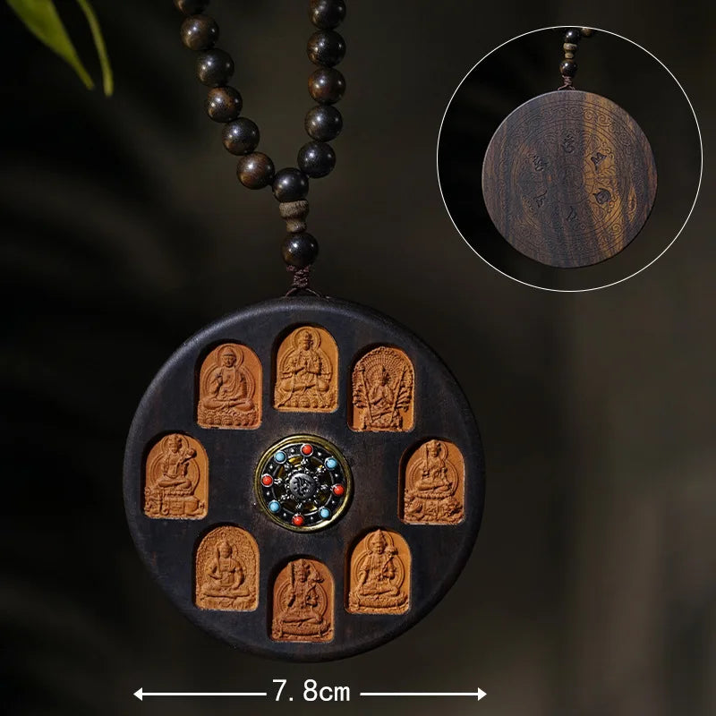 Agarwood Carved Inlaid Eight Patron Saints Pendant Mala Cultural Play Wooden Handheld Peace Tag Ornament