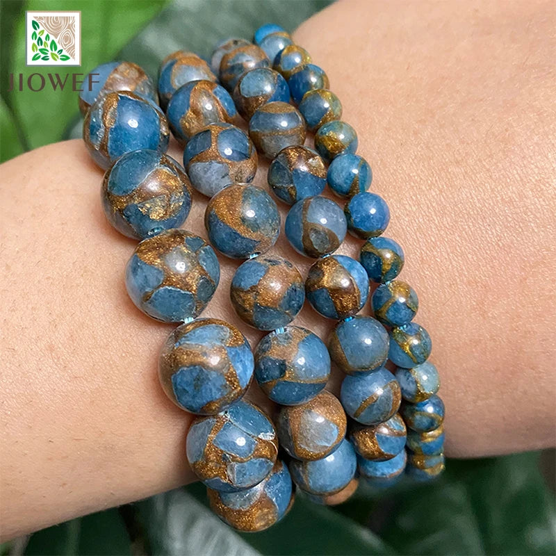Natural Stone Golden Stripe Lake Blue Cloisonne Round Beads for Jewelry Making Diy Handmade Bracelet 15" Strand 4/6/8/10/12MM