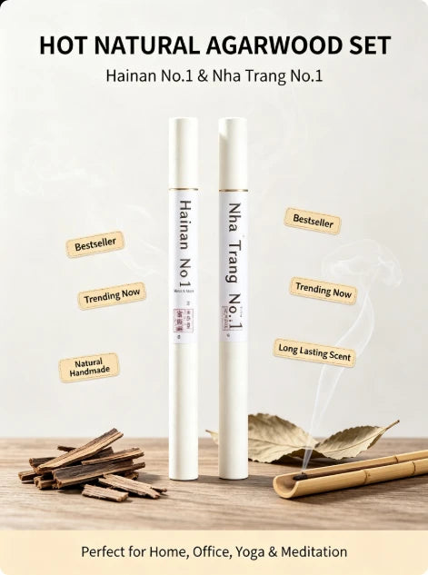 Hot Agarwood Incense Set, Hainan No1 & Nha Trang No.1, Natural Handmade Sticks for Meditation, Home Aromatherapy & Stress Relief