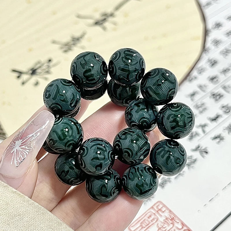 12mm Natural Bodhi Root Beaded Men Six Words Mantra Buddhist Buddha Meditation Bead Bracelet Women Prayer Rosary Bracelet Decor