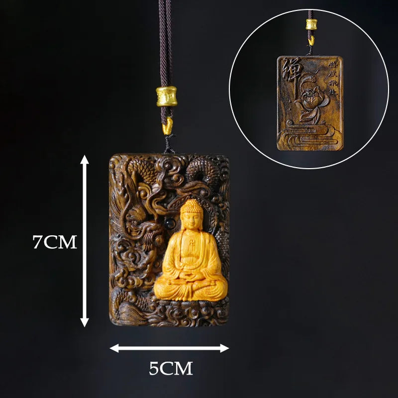 Agarwood Carved Peace Tag Inlaid Vairocana Pendant Necklace Unisex Cultural Play Jewelry Festival Gift