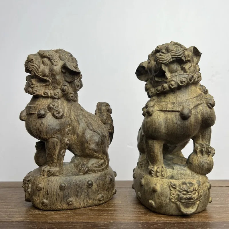 Hand-Carved Agarwood Foo Dog Lion Pair 5.3H Feng Shui Statue