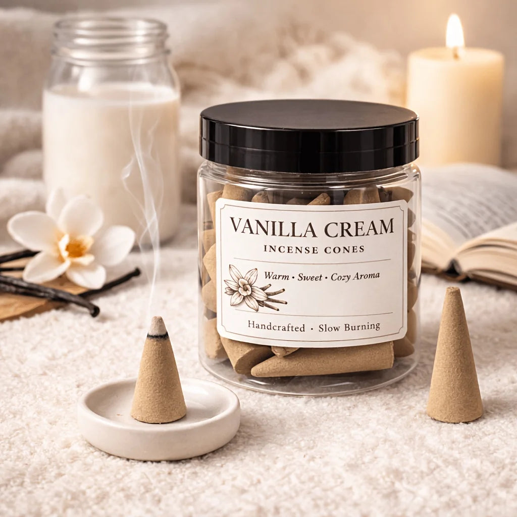 Handcrafted Vanilla Butter Incense Cones, Slow-Burning, Perfect for Meditation, Yoga, Bedrooms, Offices, and Other Spaces.