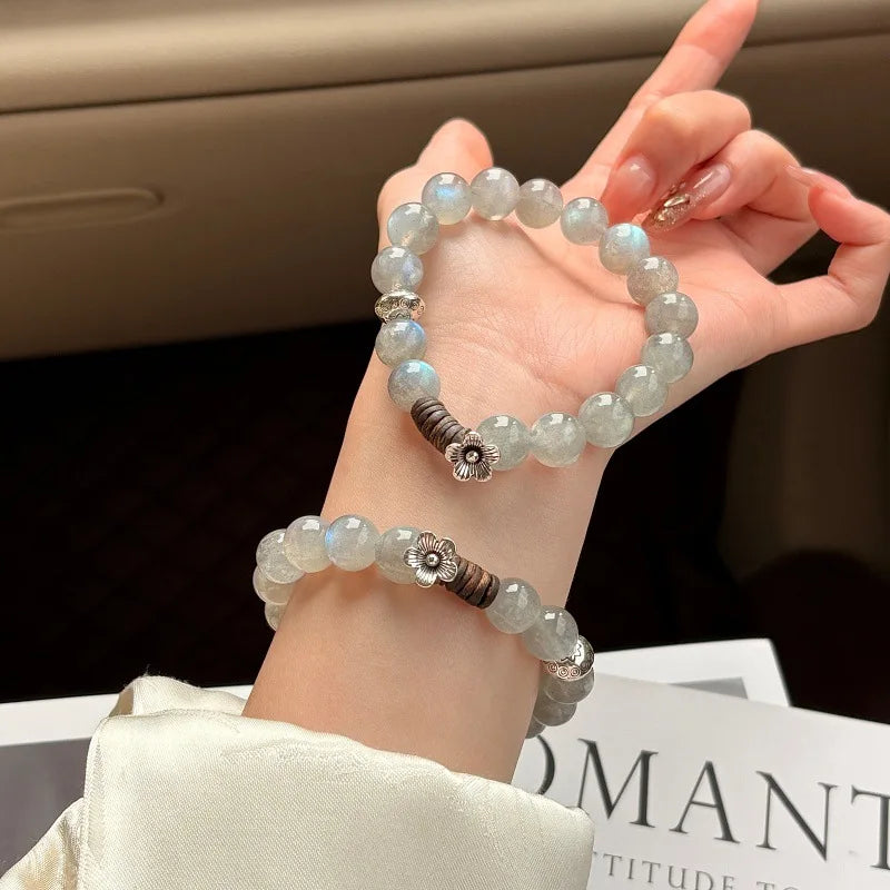 2026 Galaxy Flower Natural Grey Moonstone Crystal Beaded Bracelet Agarwood Chinese Style Zen Design Elegant Fashion Jewelry for