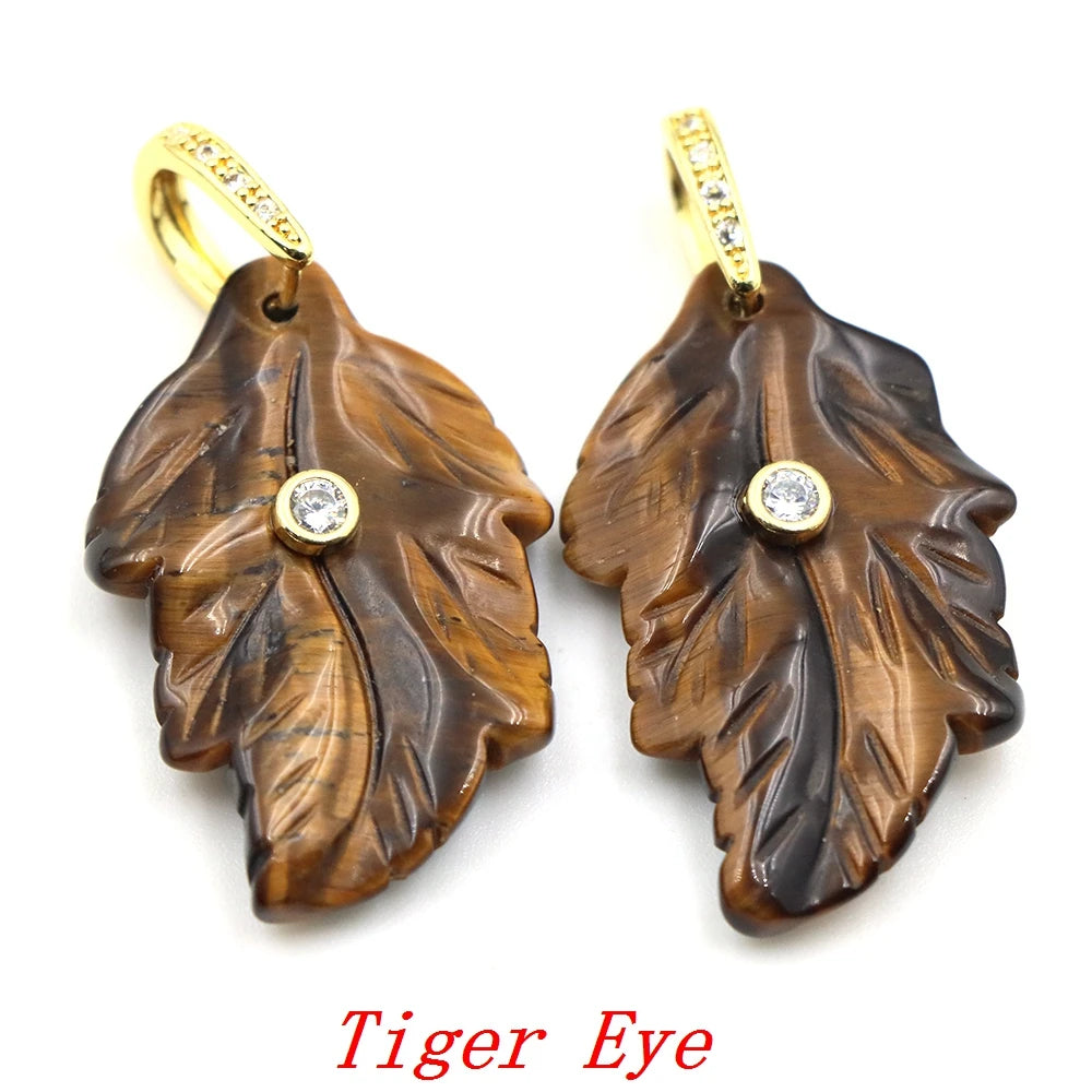 Natural Stone Leaf Pendant White Zircon Gold Plated Bail Healing Crystal Charm DIY Necklace Bohemian Nature Jewelry Making Gifts